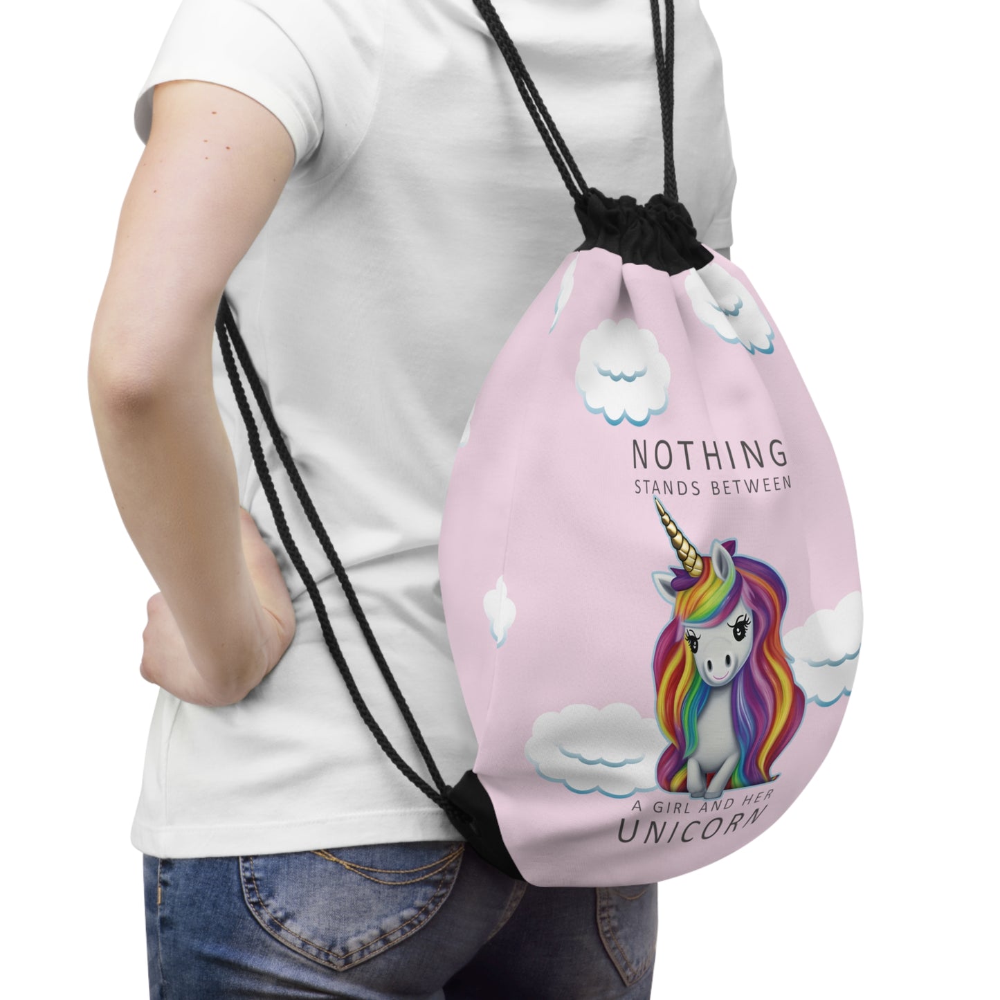 TPink Unicorn Premium Drawstring Bag, Nothing Stands Between A Girl And Her Unicorn
