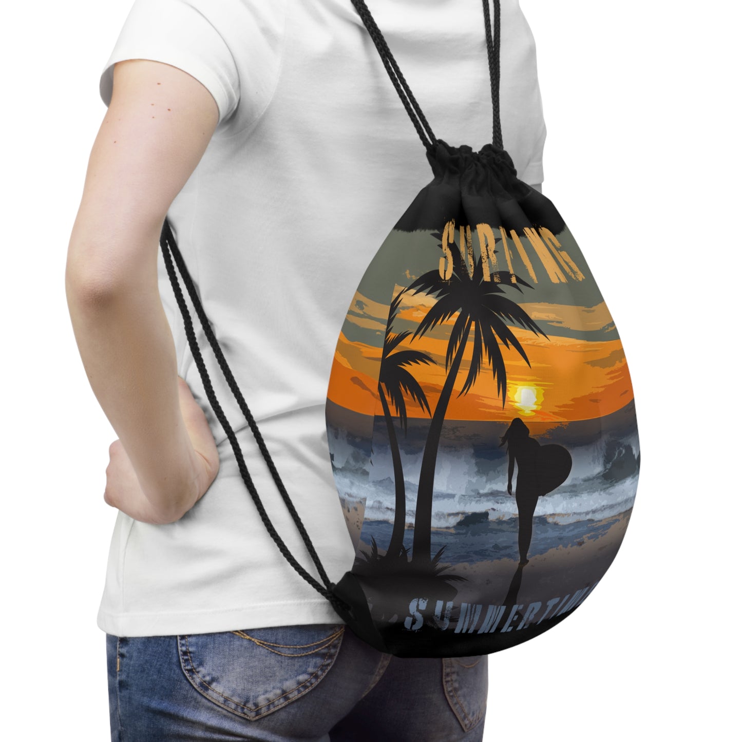 Surfing Summertime Premium Drawstring Bag, Reusable Gift Bag, Summer Beach Vibes