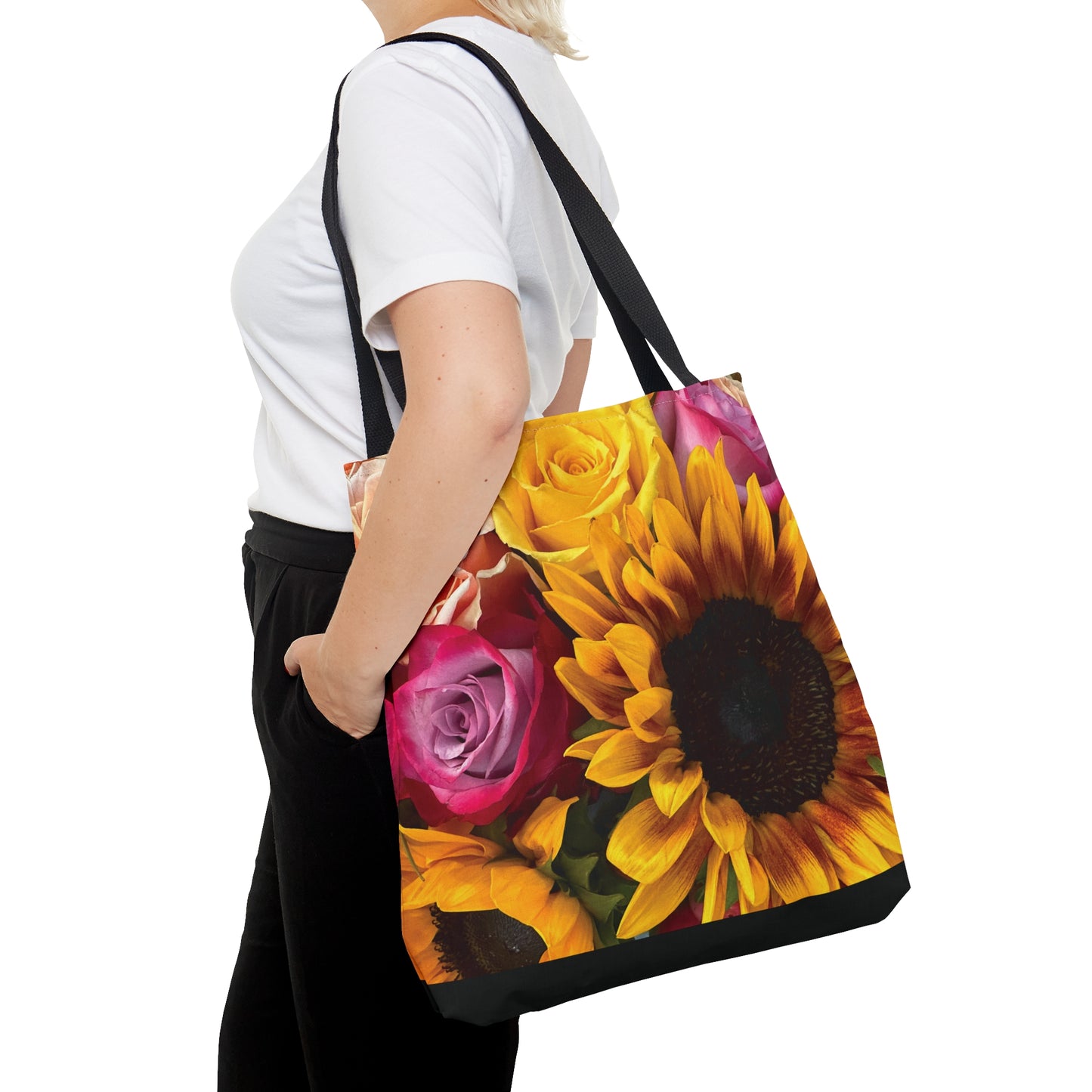 Floral Harmony Tote Bag, Sunflower And Roses Tote, Reusable Gift Bag