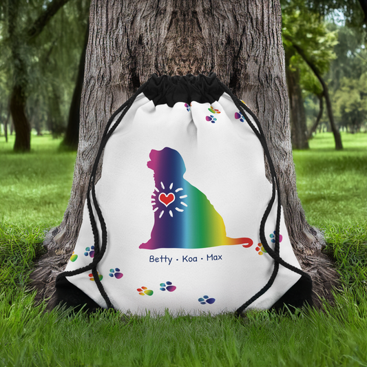 Rainbow Puppy Love LGBTQ+ Premium Drawstring Bag, Gay Pride, Reusable Gift, Customized Names