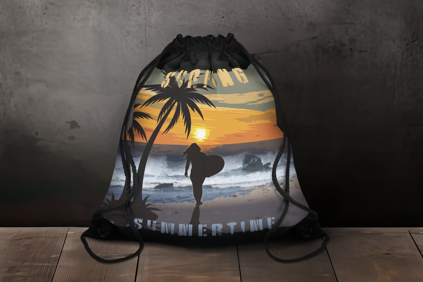 Surfing Summertime Premium Drawstring Bag, Reusable Gift Bag, Summer Beach Vibes