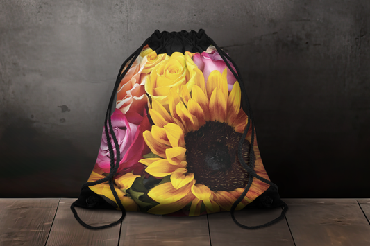 Floral Harmony Premium Drawstring Bag, Sunflower And Roses Bag, Reusable Gift