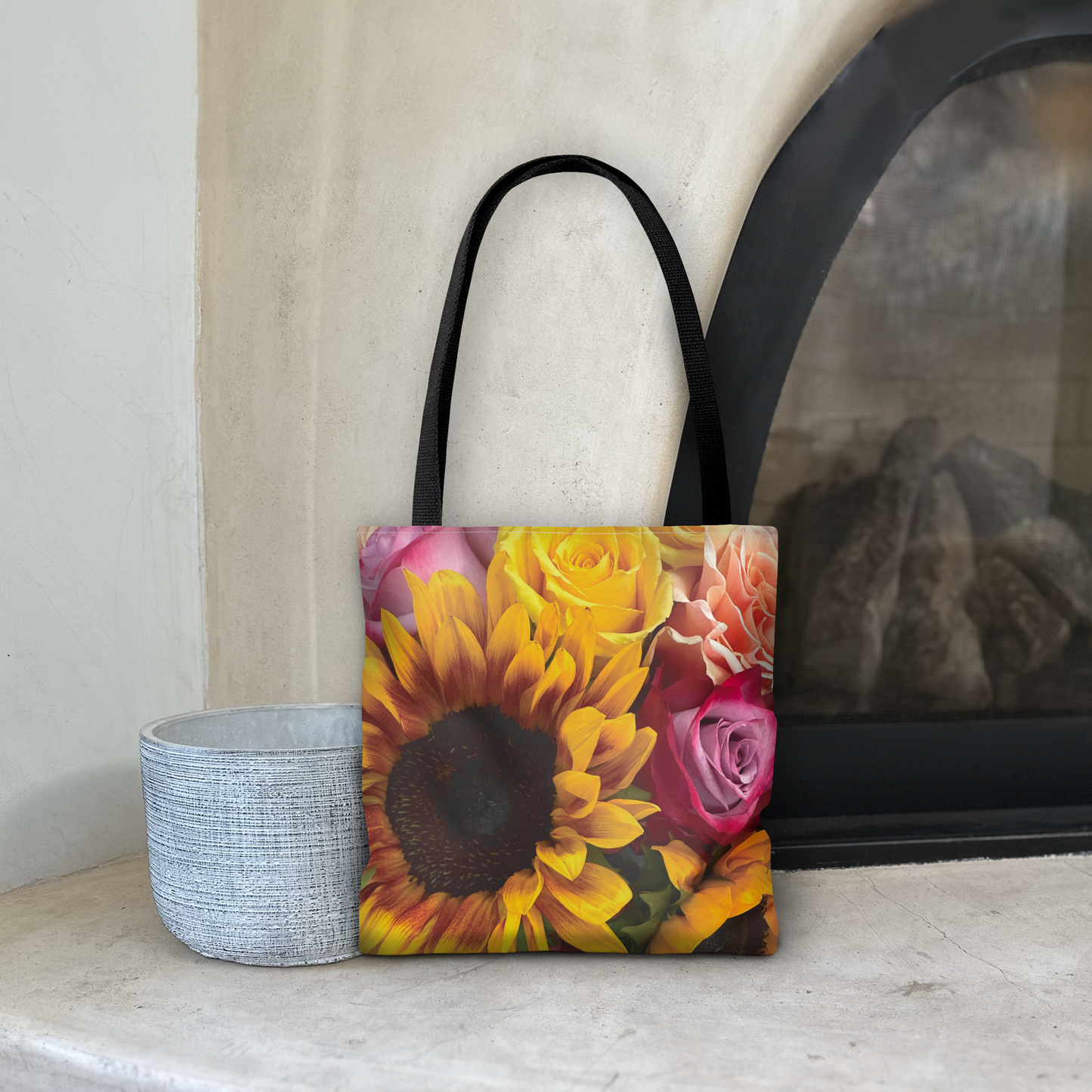 Floral Harmony Tote Bag, Sunflower And Roses Tote, Reusable Gift Bag