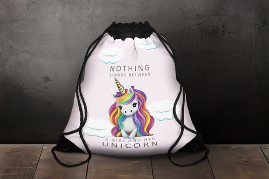 TPink Unicorn Premium Drawstring Bag, Nothing Stands Between A Girl And Her Unicorn