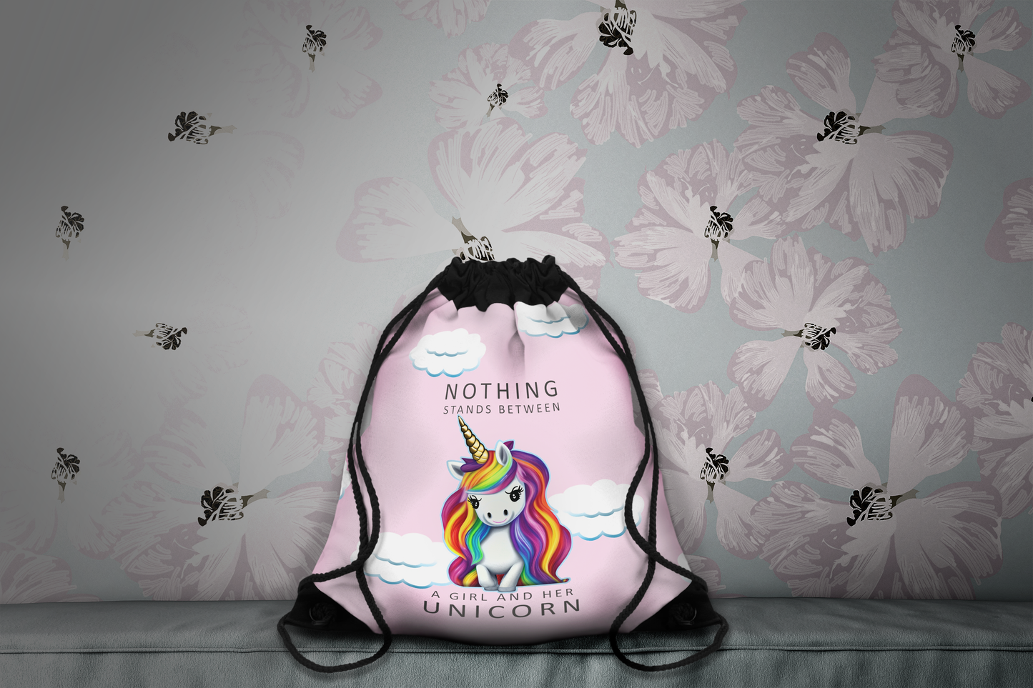 TPink Unicorn Premium Drawstring Bag, Nothing Stands Between A Girl And Her Unicorn